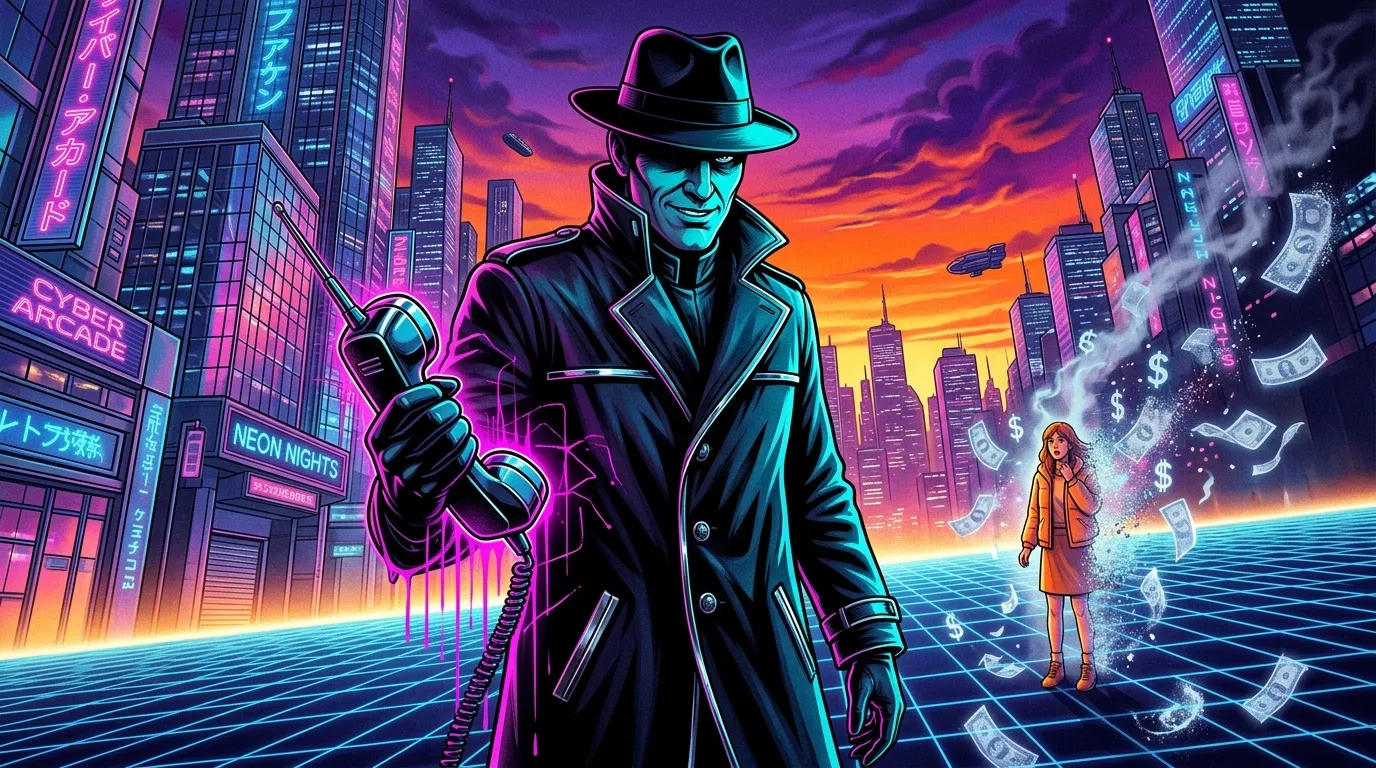 Homme en costume noir avec t&eacute;l&eacute;phone r&eacute;tro dans ville n&eacute;on futuriste