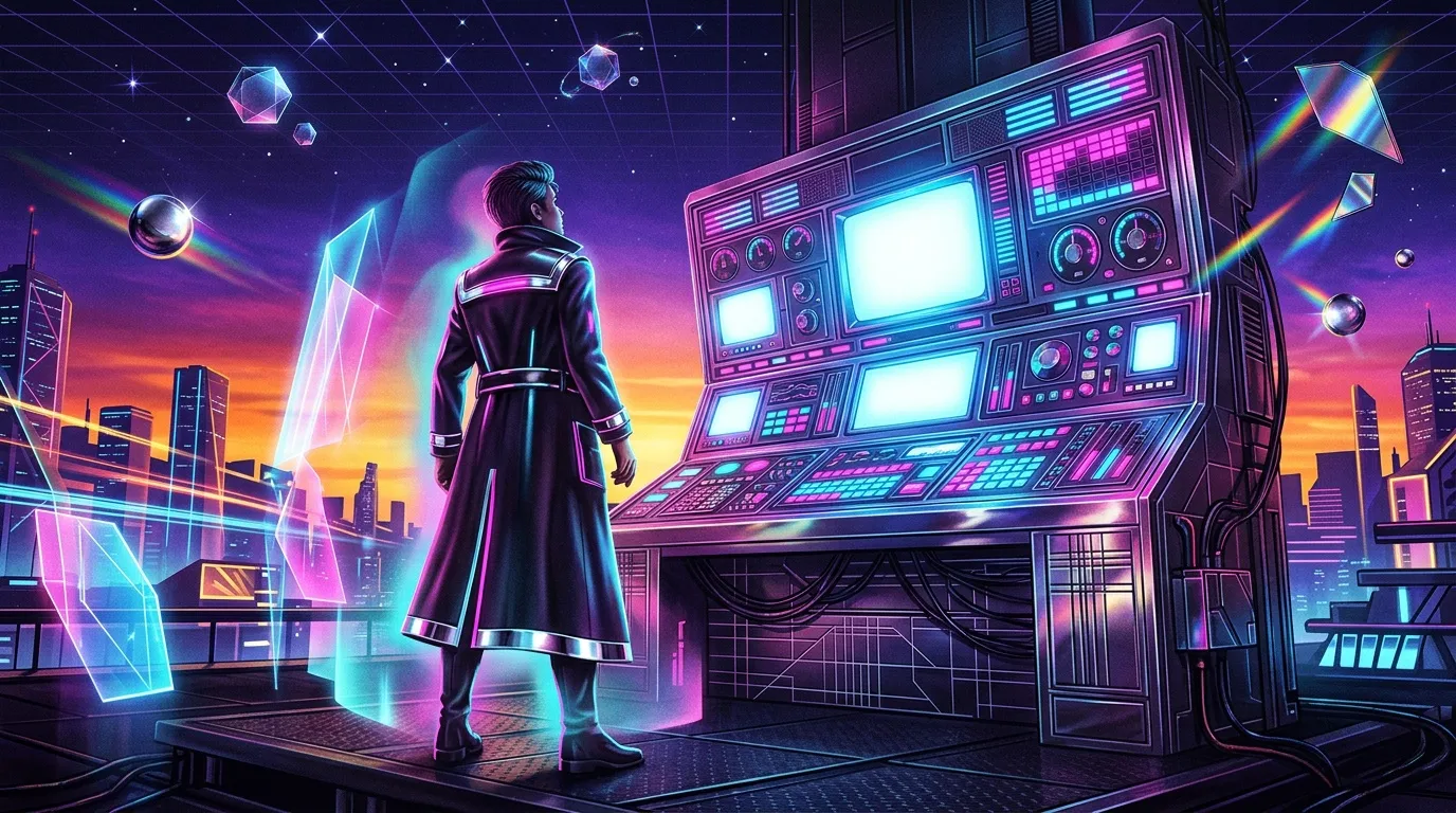 Personnage en manteau face à écrans luminescents dans univers cyberpunk