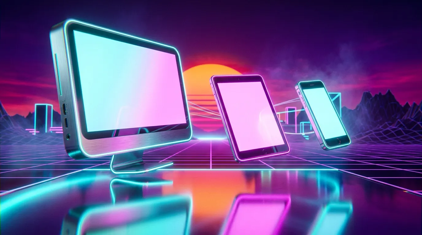 Ordinateur, tablette et smartphone avec n&eacute;on r&eacute;tro-futuriste