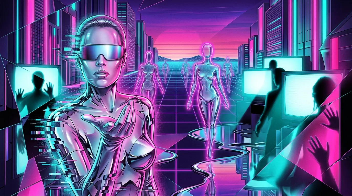 Cyborg feminin dans ville n&eacute;on avec avatars virtuels