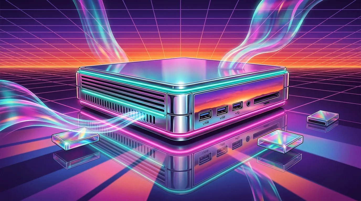 Deux serveurs informatiques luminescents dans univers cyberpunk néon