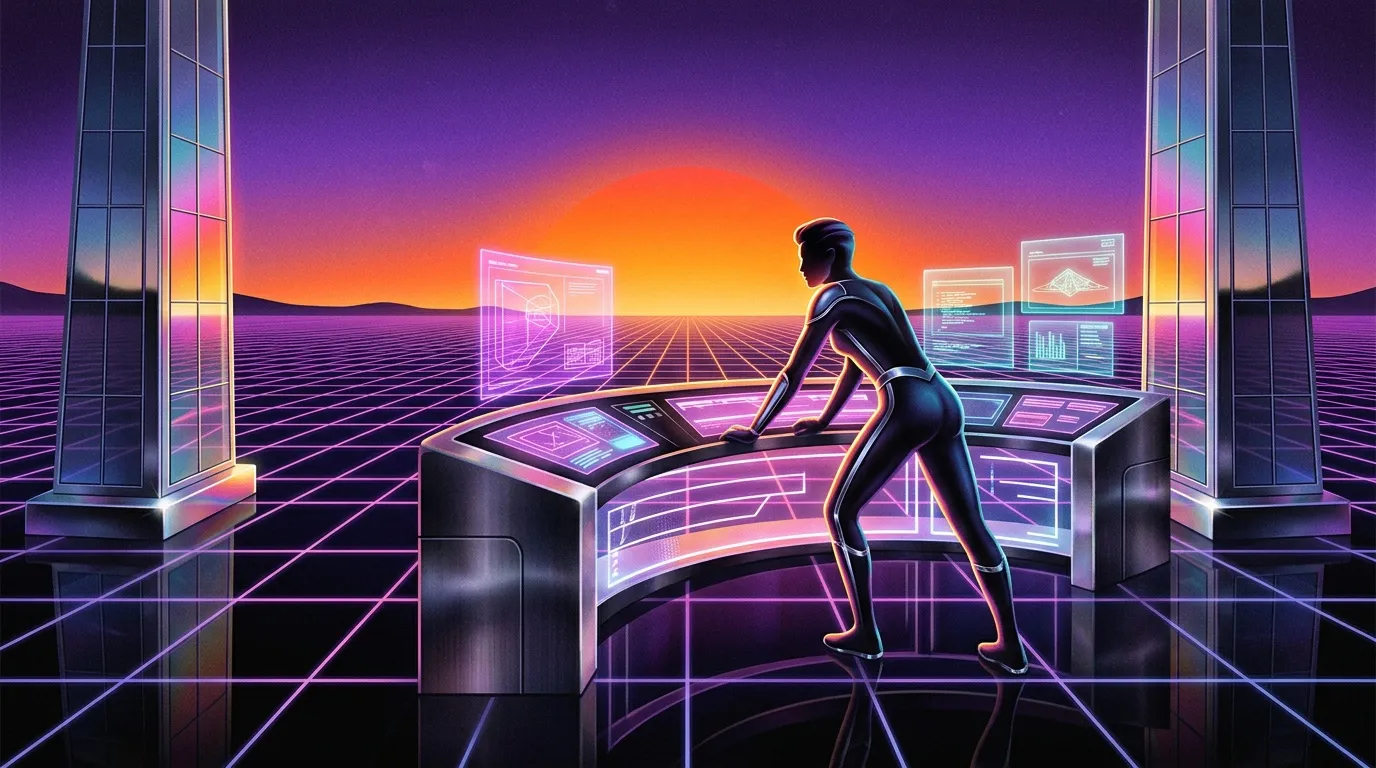 Femme interagissant avec interfaces holographiques dans monde cyberpunk