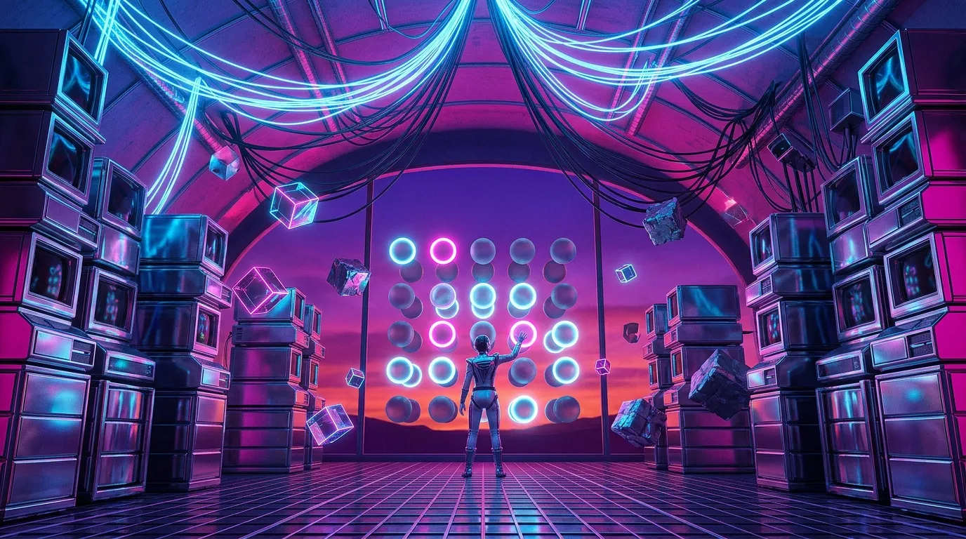 Personnage dans univers cyberpunk neon rose bleu