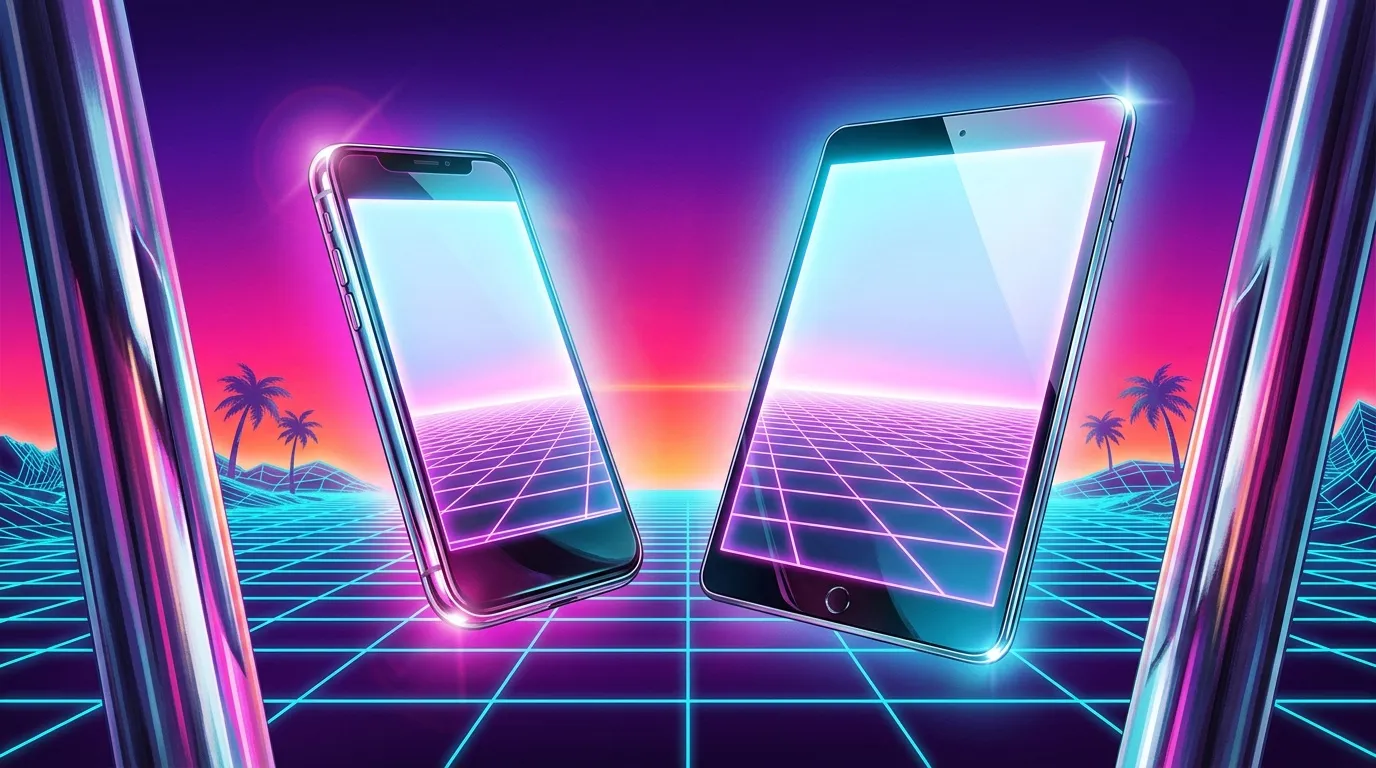 Smartphone et tablette affichant paysage synth&eacute;tique r&eacute;trofuturiste n&eacute;on