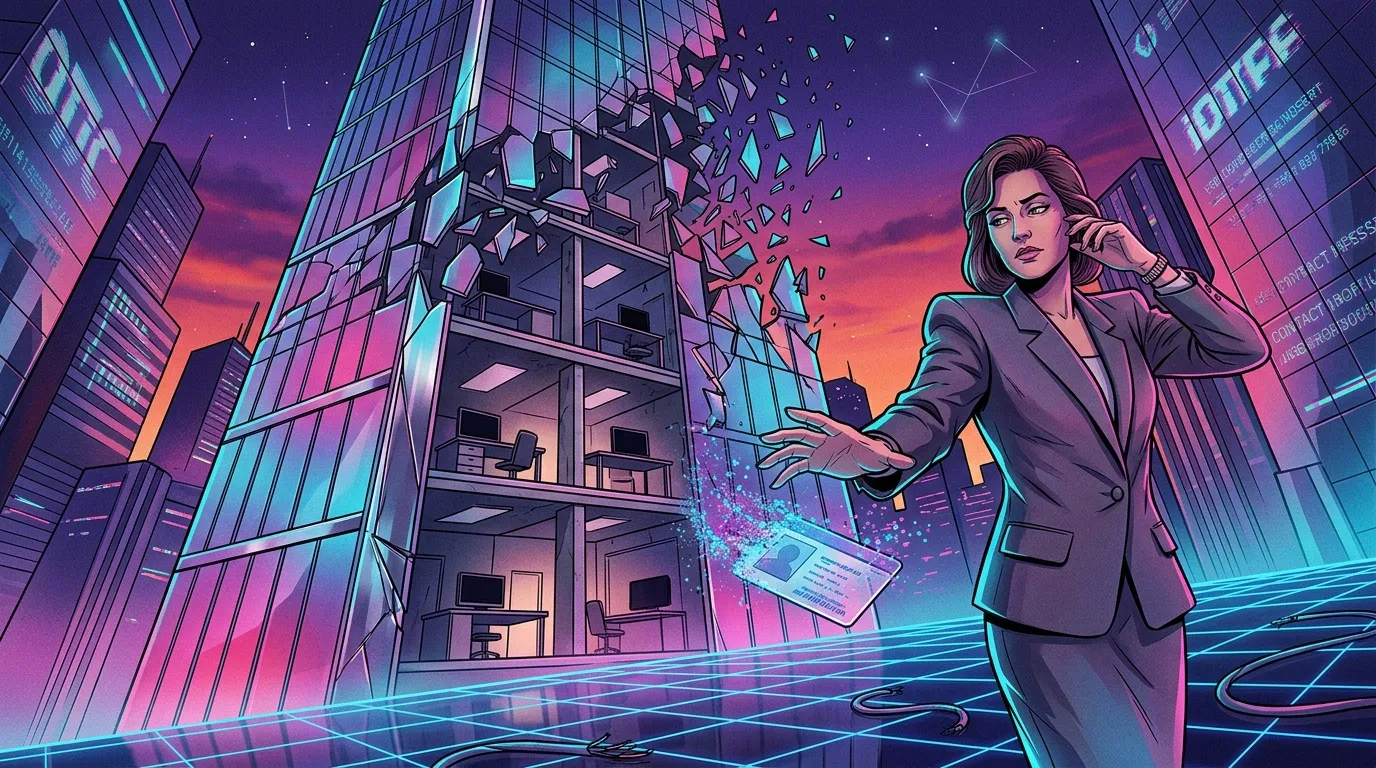 Femme en costume tenant appareil numérique dans ville futuriste