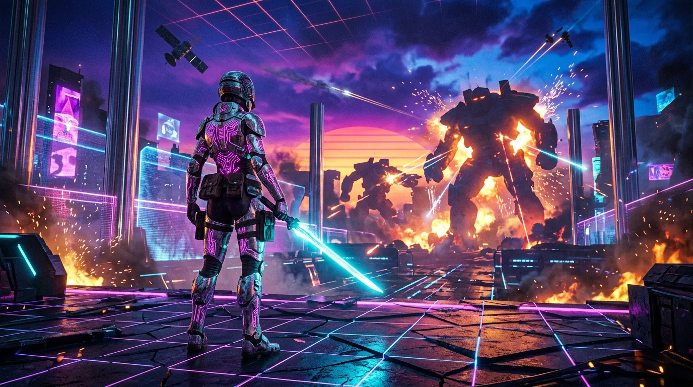 Soldat futuriste en armure neon dans ville dystopique enflamm&eacute;e