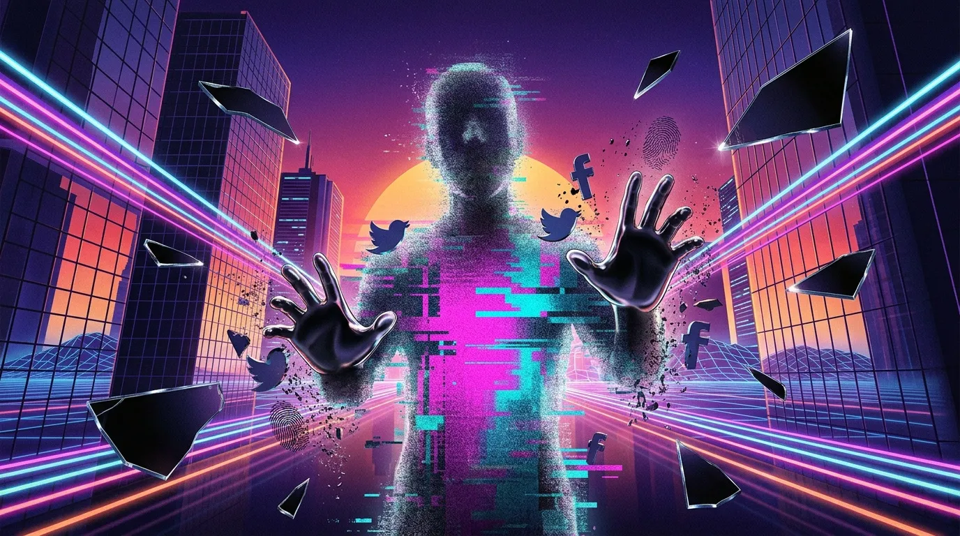 Figure numérique avec mains levées dans environnement futuriste neon