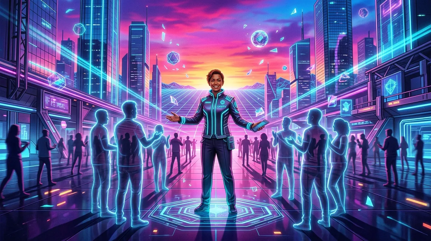 Homme en costume cybern&eacute;tique dirigeant communaut&eacute; virtuelle n&eacute;on