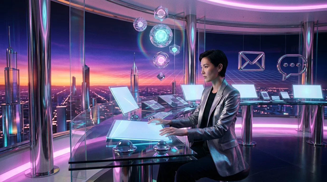 Femme travaillant dans un bureau high-tech surplombant une ville