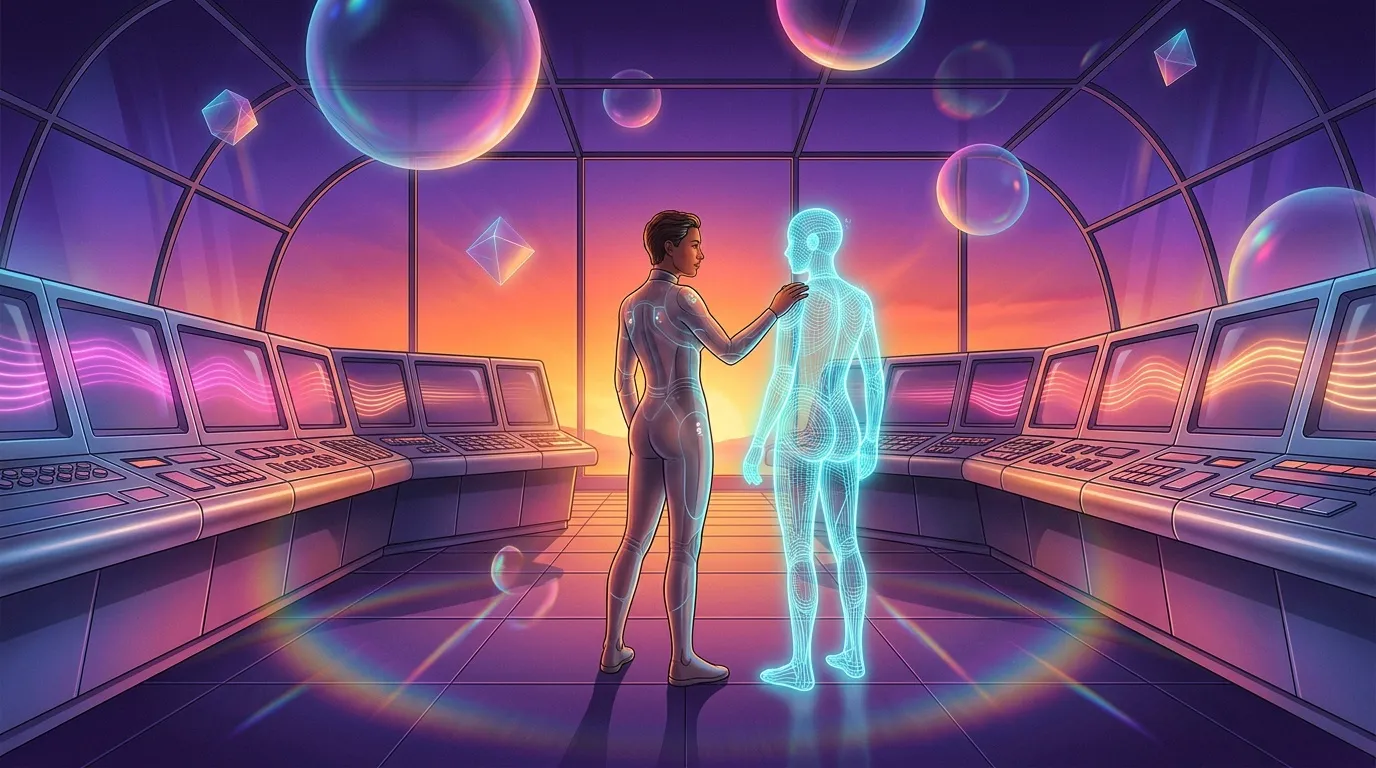 Femme interagissant avec hologramme humain luminescent