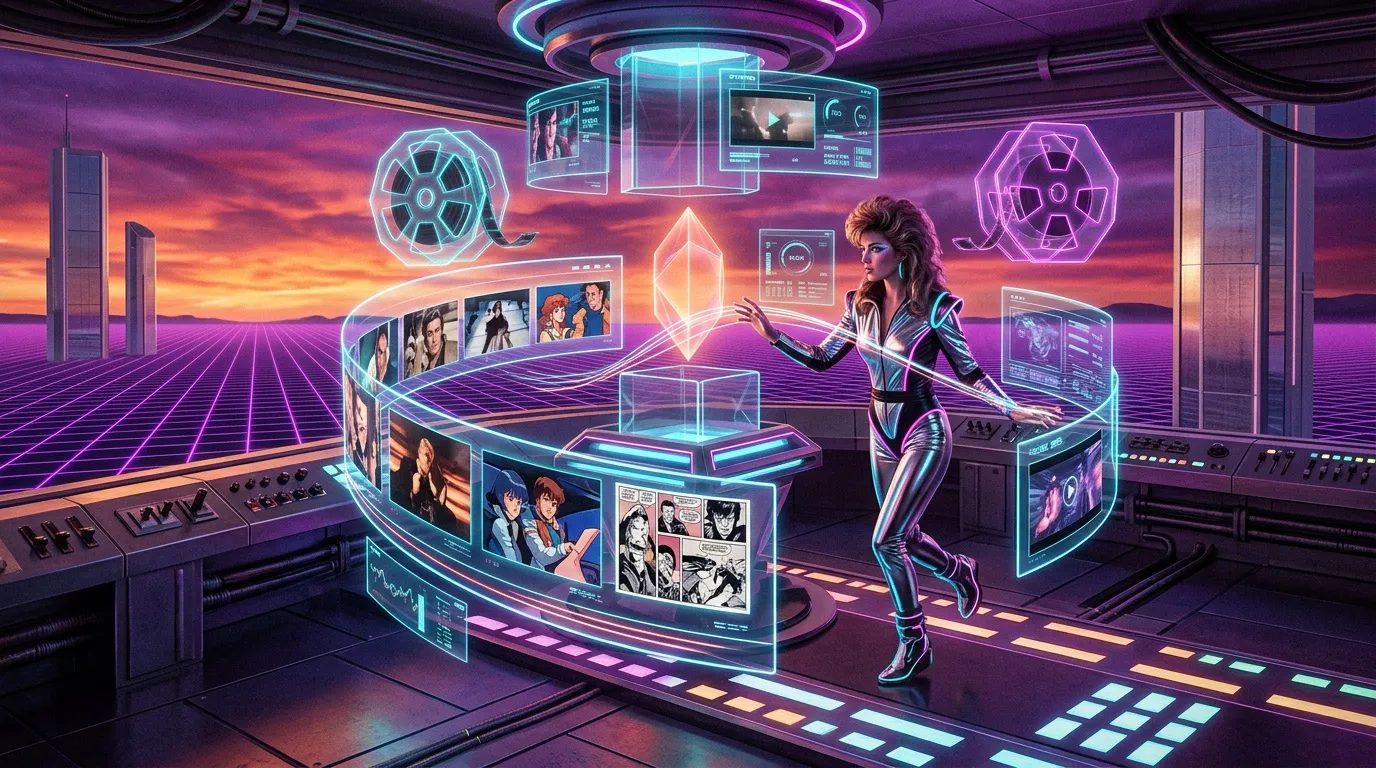 Femme dans studio futuriste avec &eacute;crans holographiques neon