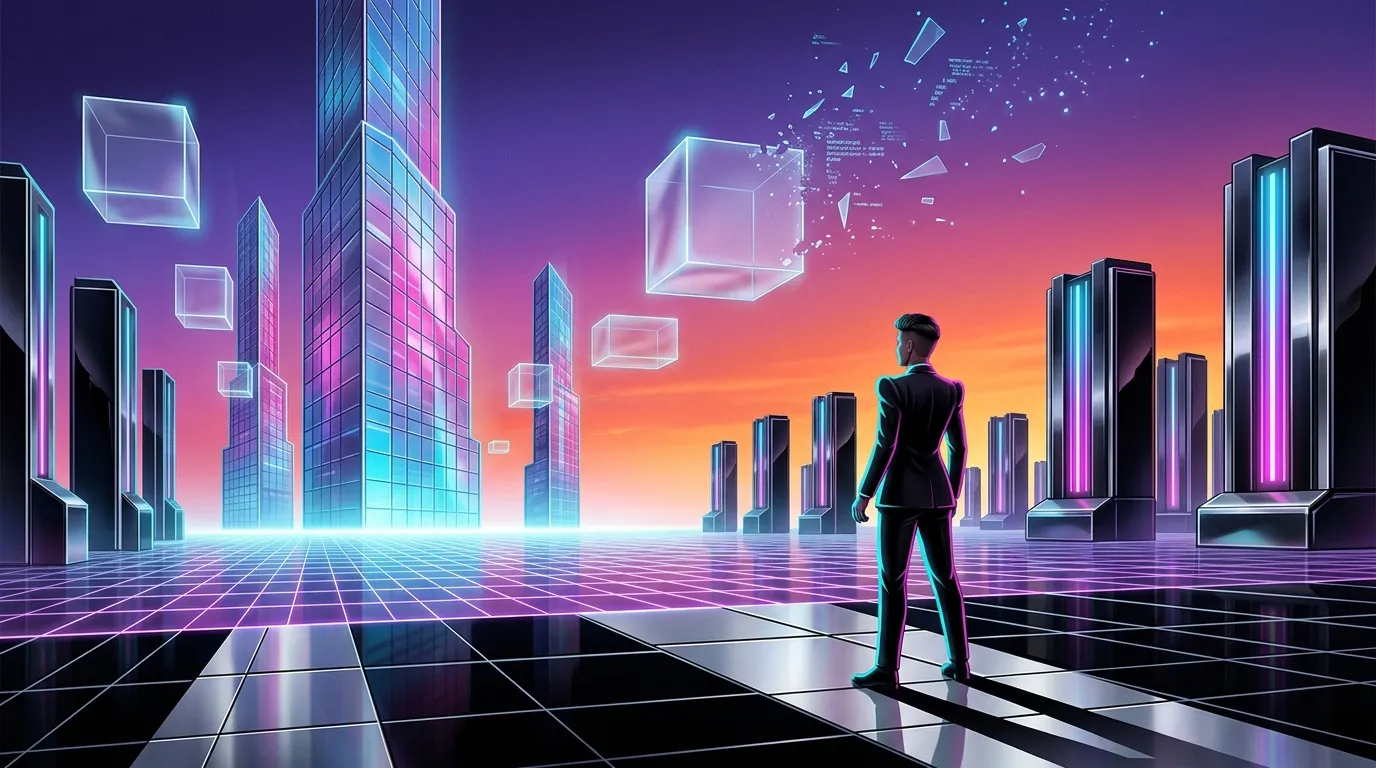 Homme en costume observant ville futuriste n&eacute;on