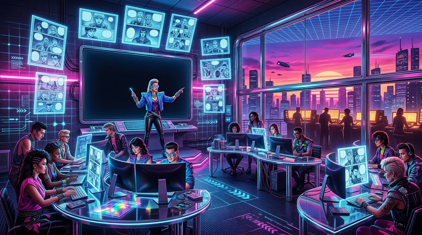 &Eacute;quipe travaillant dans bureau cyberpunk avec &eacute;crans lumineux n&eacute;ons