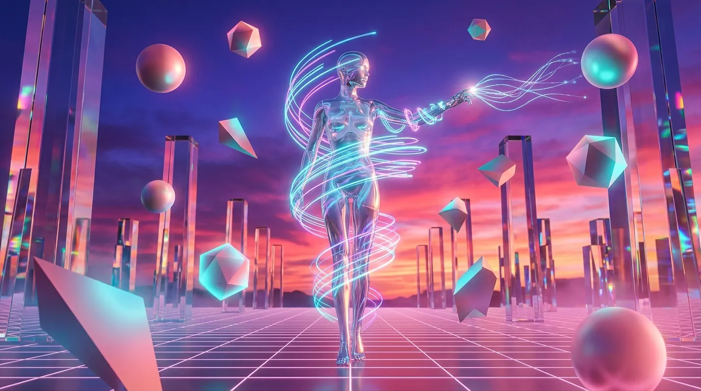 Silhouette f&eacute;minine luminescente entour&eacute;e de gratte-ciel n&eacute;on