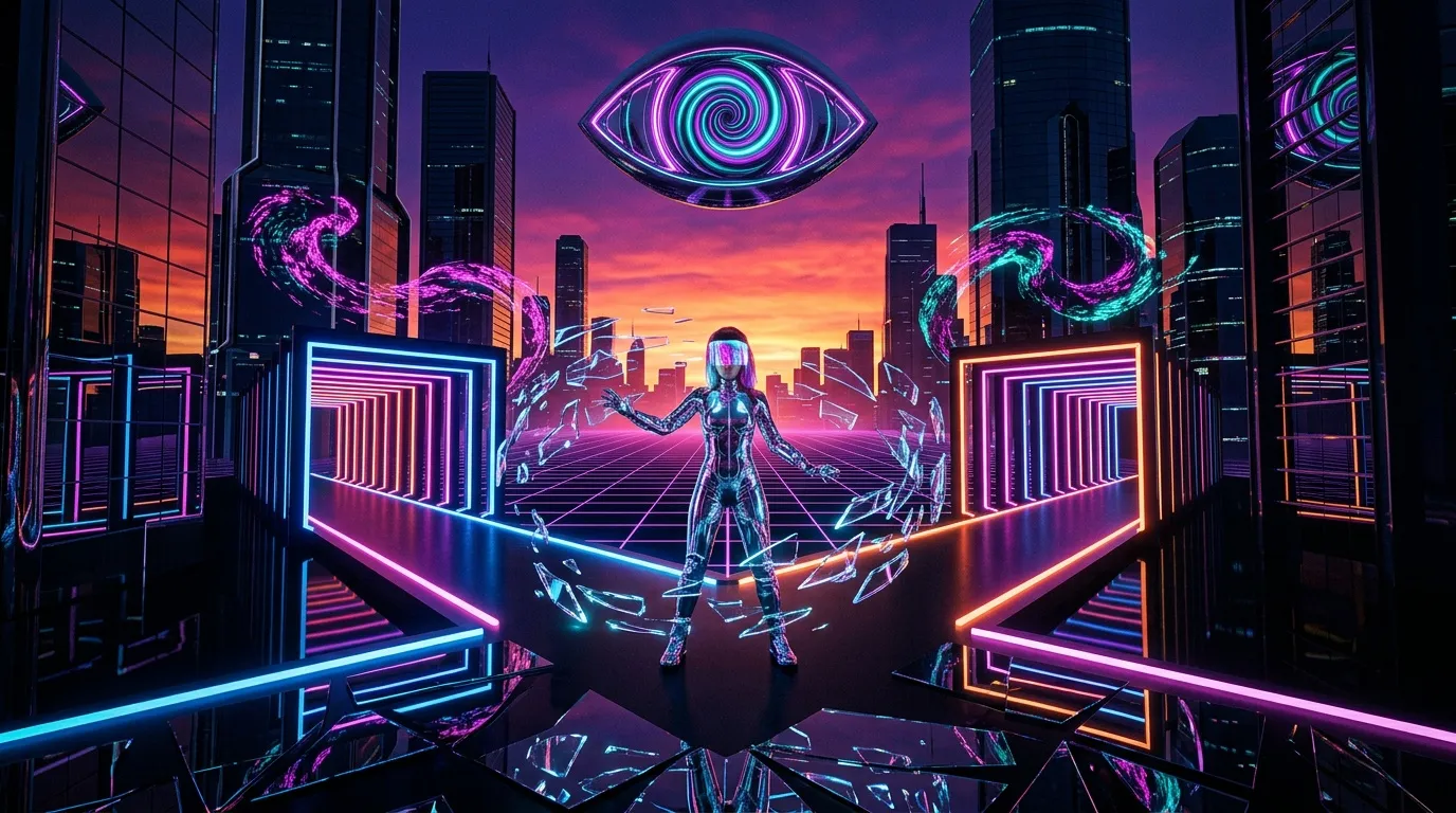 Figure andro&iuml;de futuriste au c&oelig;ur d'une ville neon stylis&eacute;e