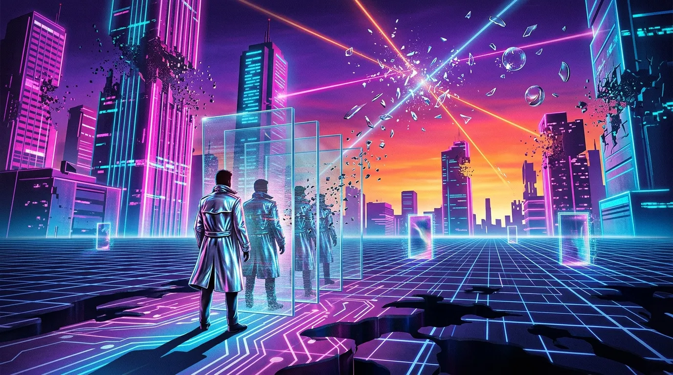 Homme devant gratte-ciel n&eacute;on dans univers num&eacute;rique futuriste