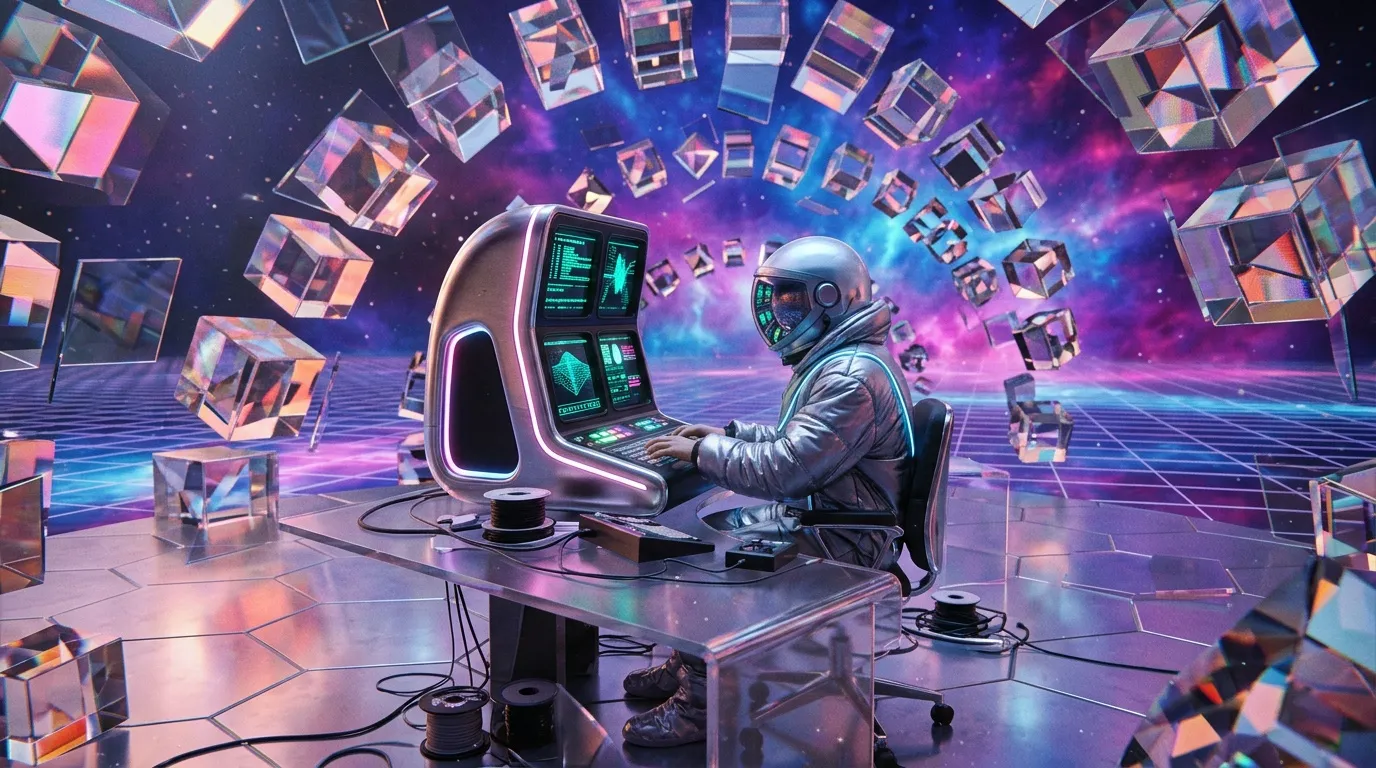Astronaute casqu&eacute; travaillant sur ordinateur futuriste entour&eacute; de cubes holographiques