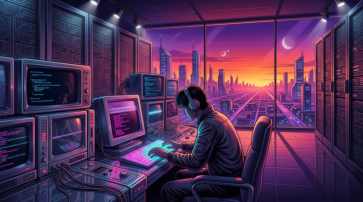 Développeur codant dans un bureau high-tech cyberpunk nuit