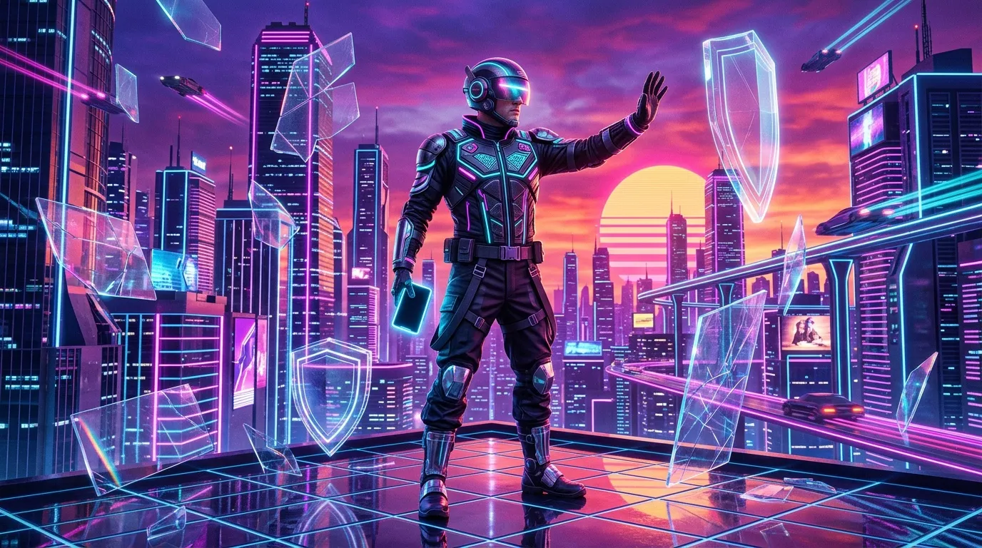 Cyborg futuriste dans m&eacute;tropole n&eacute;on violette et rose