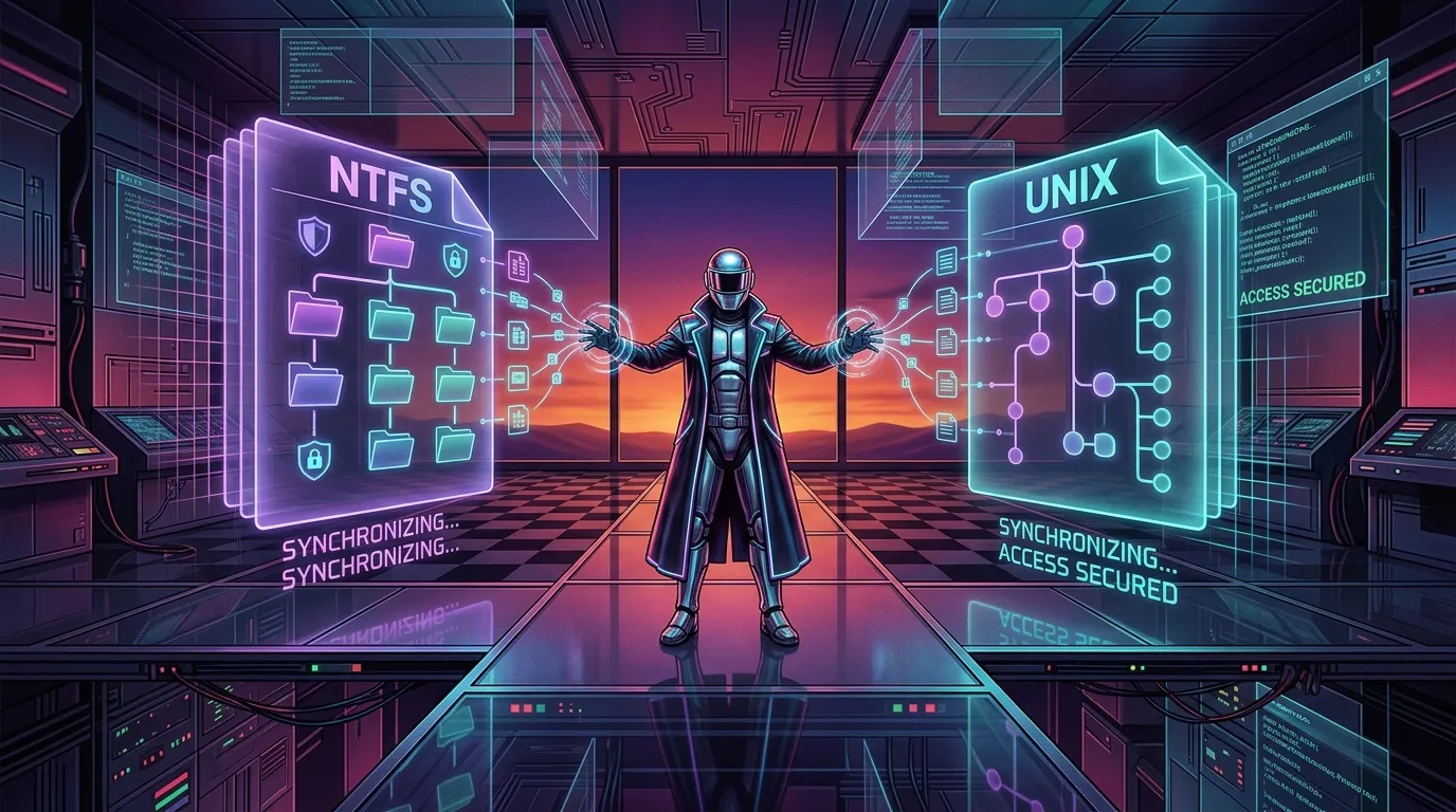Figure futuriste synchronisant syst&egrave;mes de fichiers NTFS et UNIX