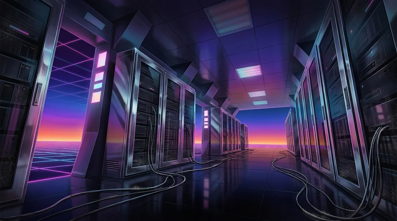Couloir de data center avec serveurs illumin&eacute;s n&eacute;on et coucher de soleil