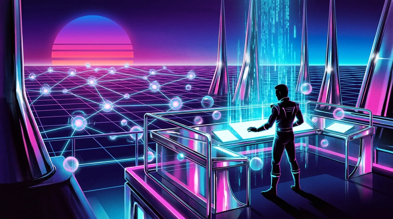 Figure humaine dans univers num&eacute;rique violet et cyan brillant