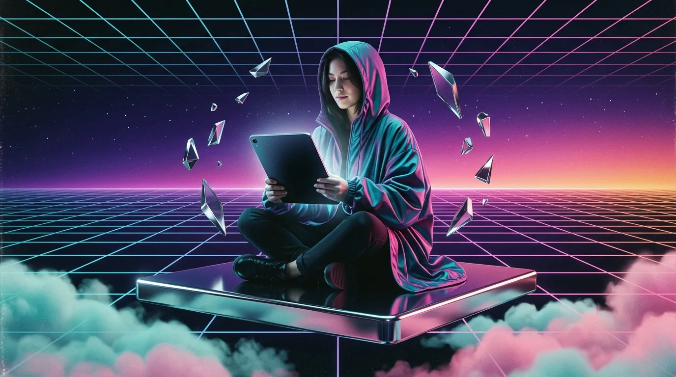 Femme avec tablette dans univers n&eacute;on cyberpunk futuriste