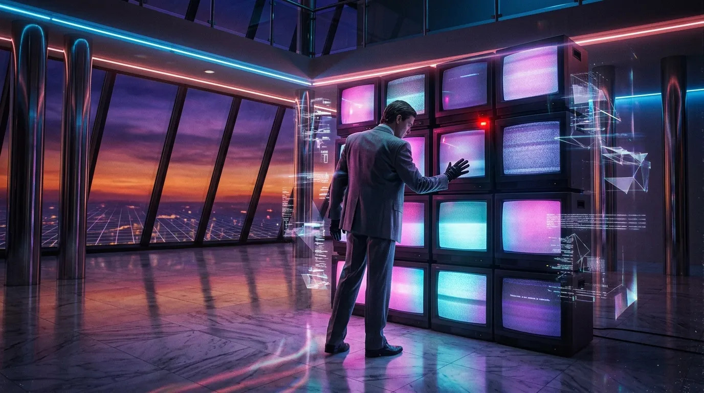 Homme d'affaires dans futuriste salle de contr&ocirc;le avec &eacute;crans color&eacute;s