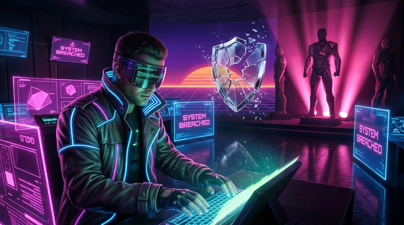 Hacker en costume n&eacute;on piratant un syst&egrave;me informatique futuriste