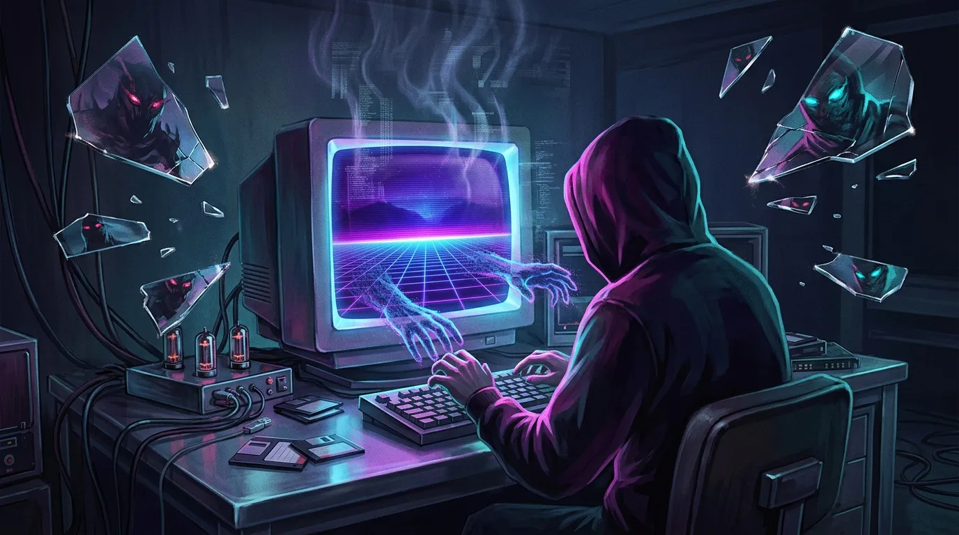Hacker hooded devant &eacute;cran neon dans cyberpunk futuriste