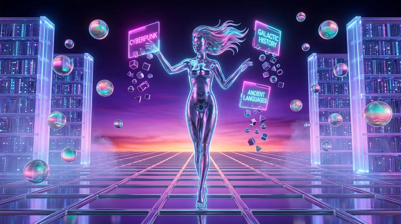 Figure num&eacute;rique f&eacute;minine dans biblioth&egrave;que neon futuriste
