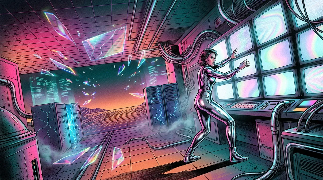 Femme cyborg dans un environnement futuriste rose et bleu