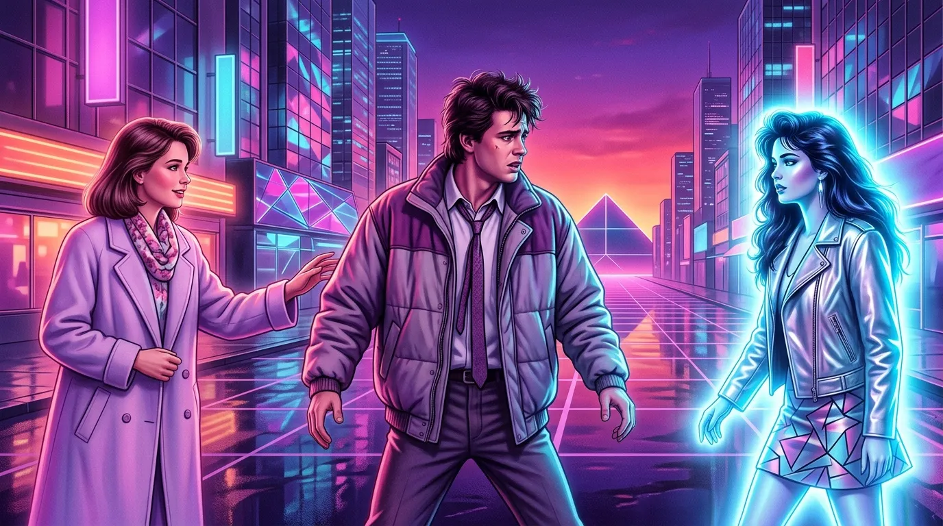 Trois personnages dans une rue néon futuriste illuminée