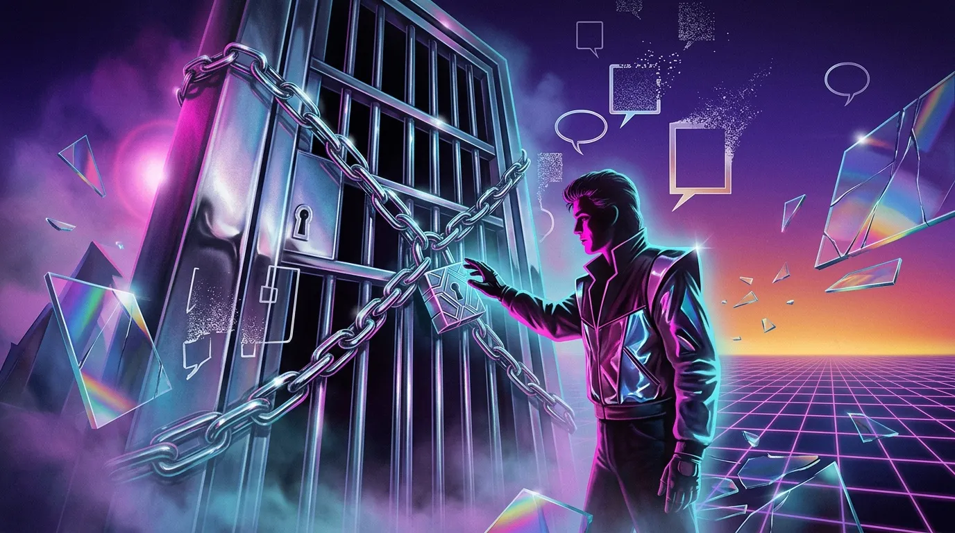 Homme cyberpunk face &agrave; porte verrouill&eacute;e dans univers neon