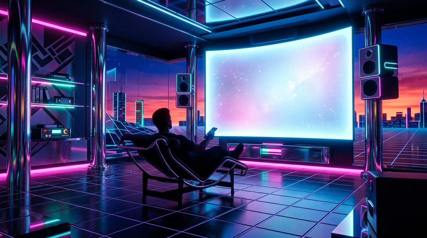 Silhouette homme relaxe devant &eacute;cran g&eacute;ant n&eacute;on futuriste