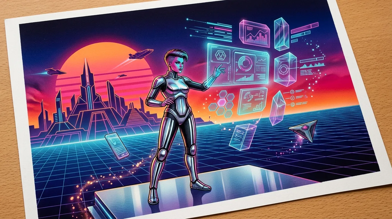 Femme cyborg en armure futuriste dans ville holographique
