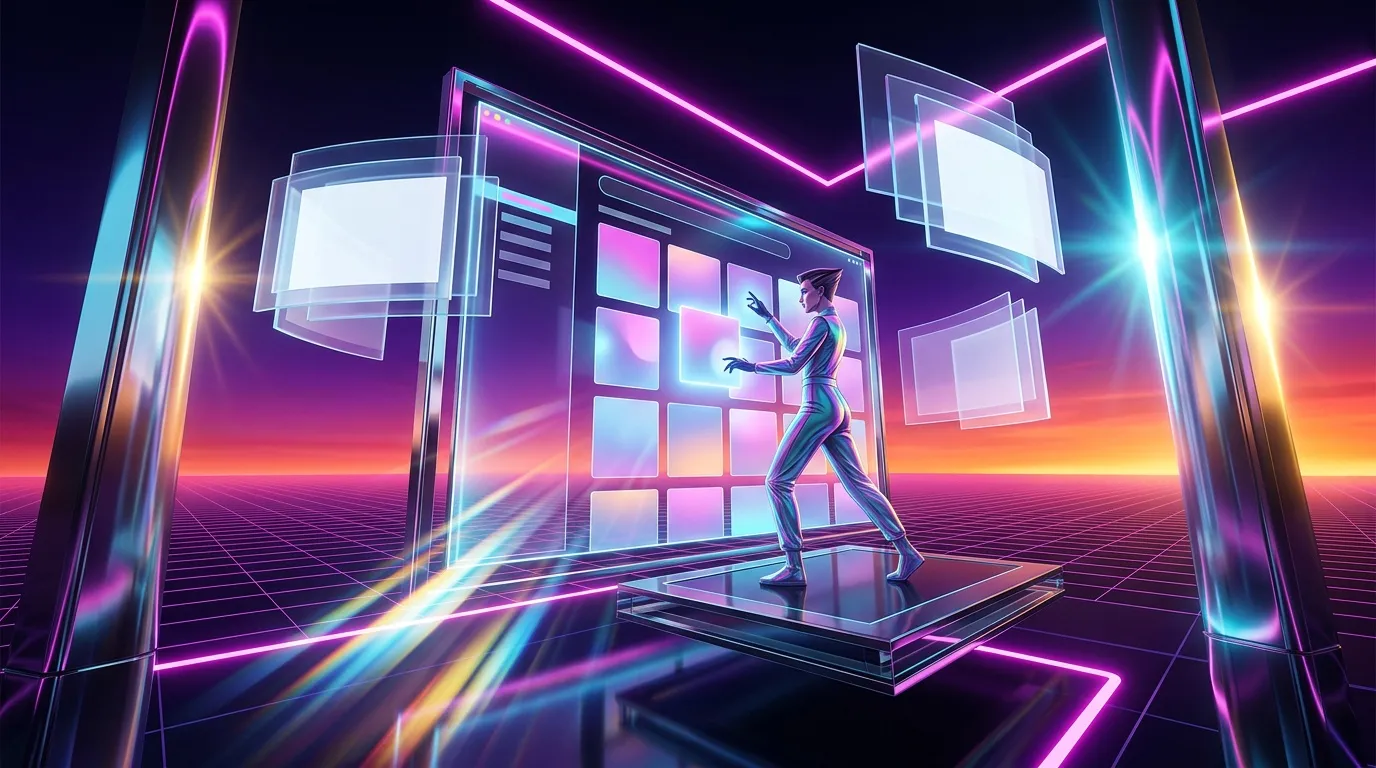 Personne interagissant avec &eacute;crans holographiques dans environnement cyberpunk