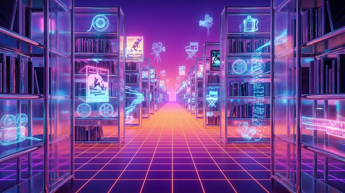 Couloir futuriste avec n&eacute;ons roses et &eacute;tag&egrave;res num&eacute;riques