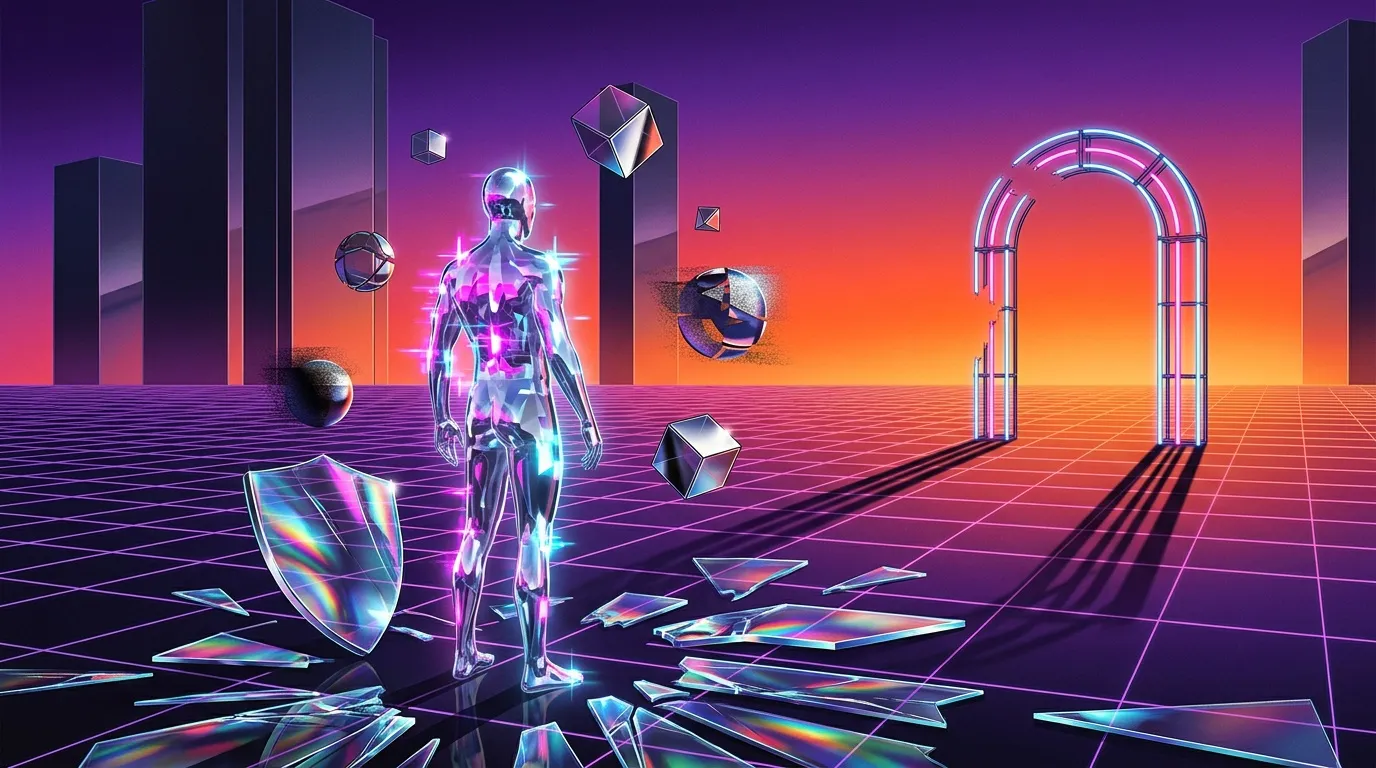 Figure num&eacute;rique brillante entour&eacute;e d'objets g&eacute;om&eacute;triques futuristes