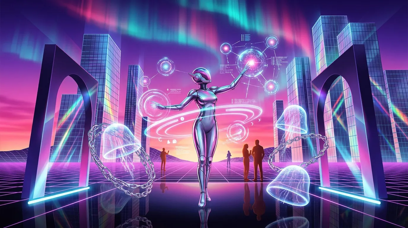 Cyborg futuriste contr&ocirc;lant des sph&egrave;res num&eacute;riques color&eacute;es