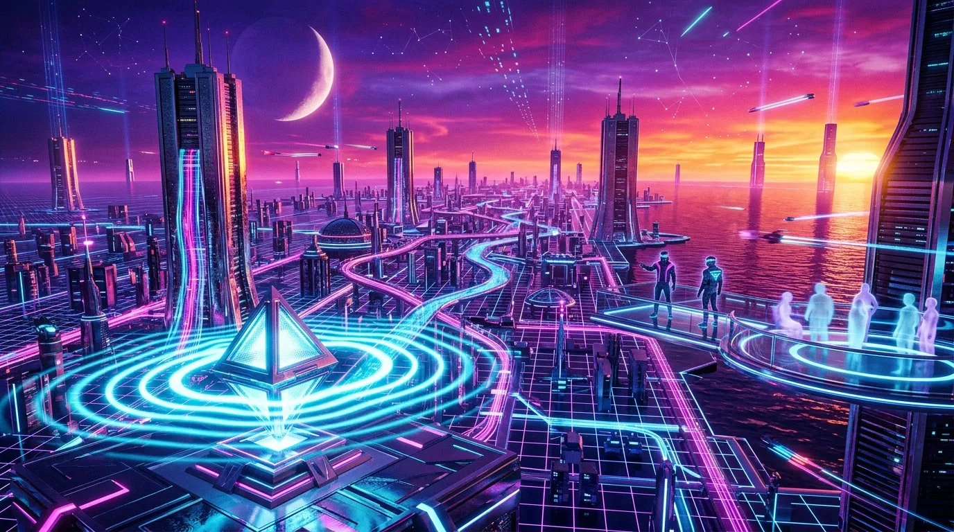 Ville futuriste illumin&eacute;e de n&eacute;ons bleus et roses