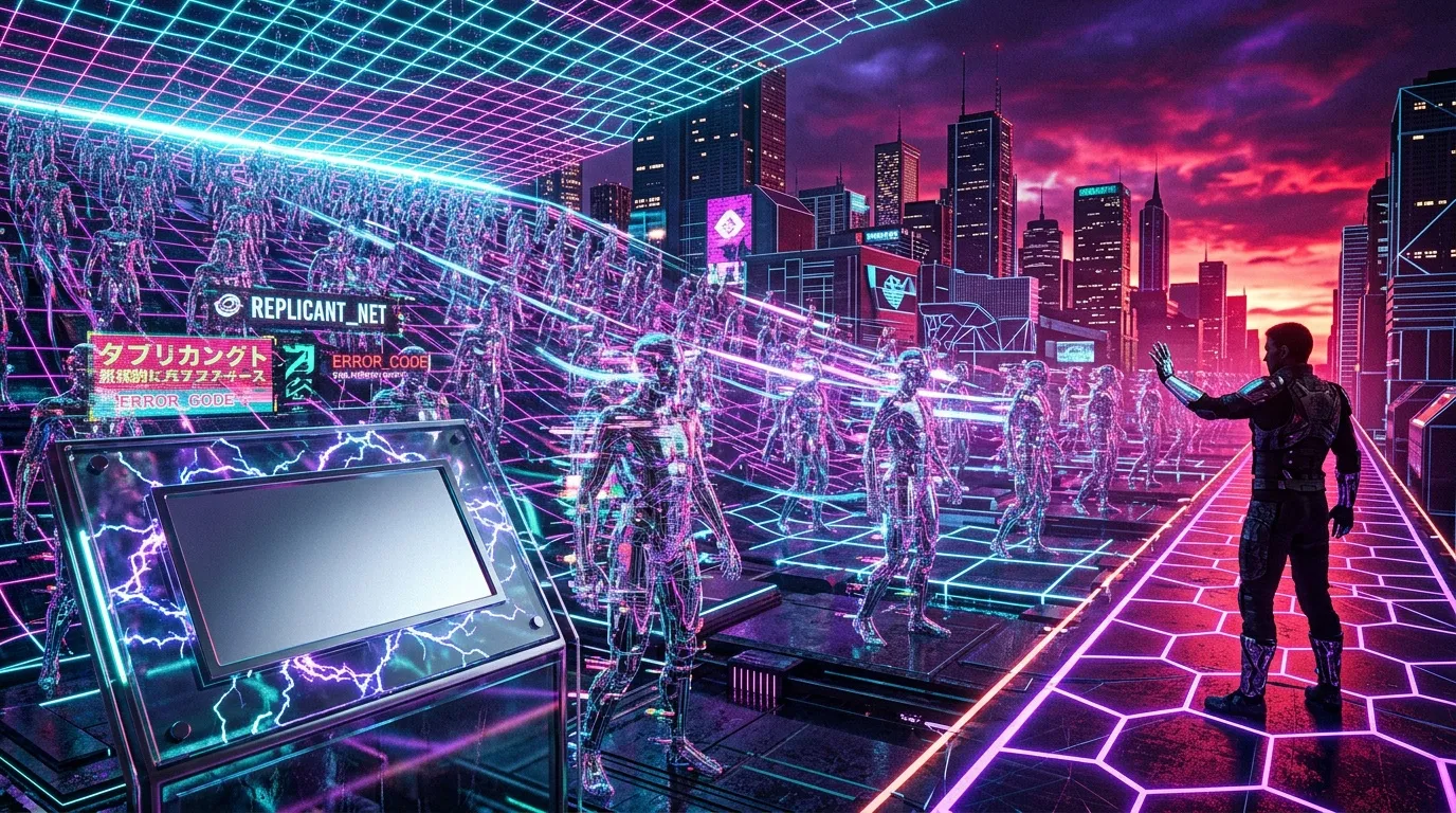 Ville numérique avec figures holographiques et néons roses bleus