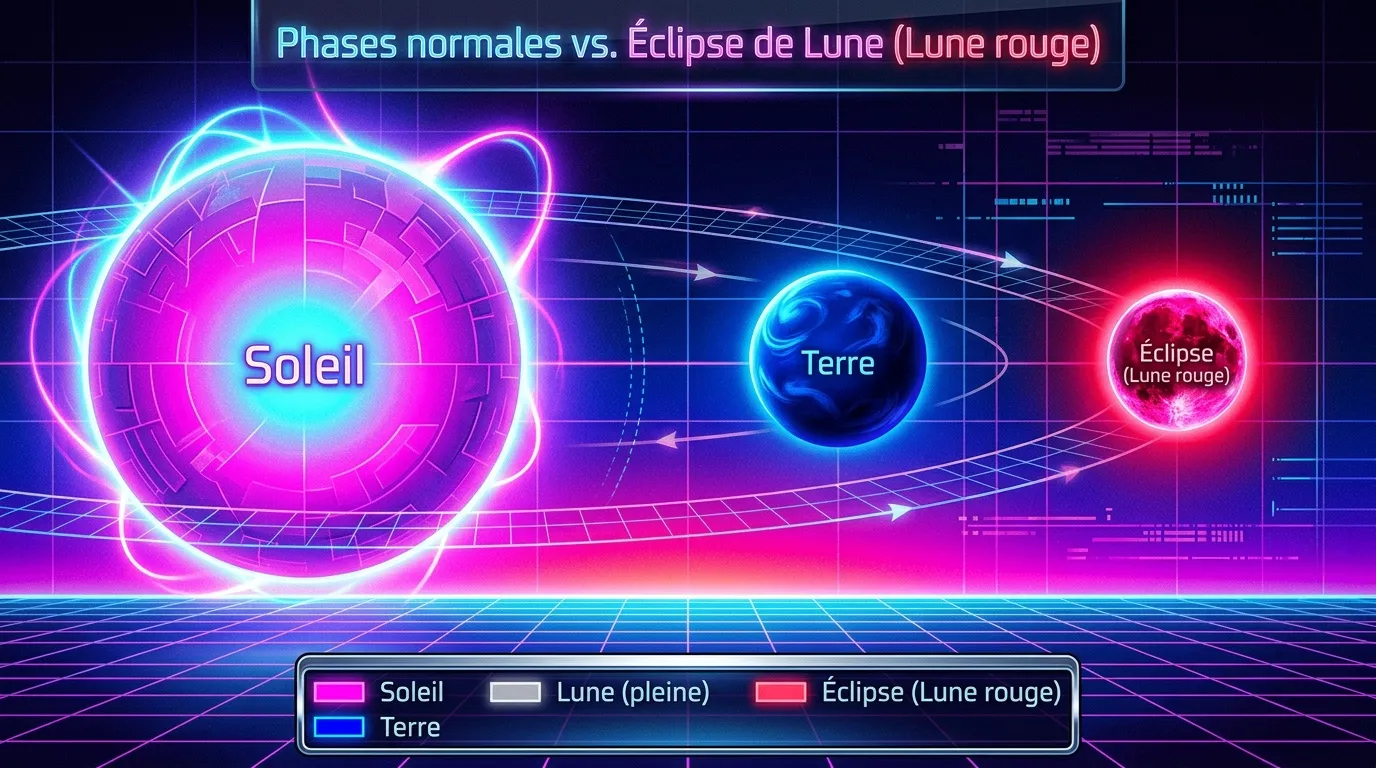 Diagramme neon montrant Soleil, Terre et Lune rouge en éclipse