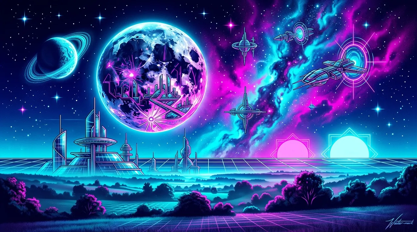 Ville néon futuriste sous planète brillante dans l'espace