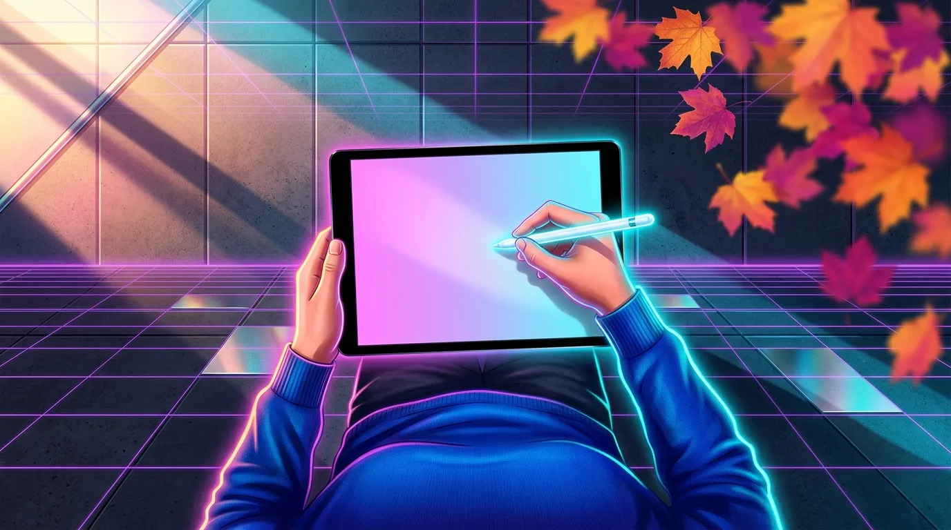 Personne tenant tablette avec stylet luminescent neon