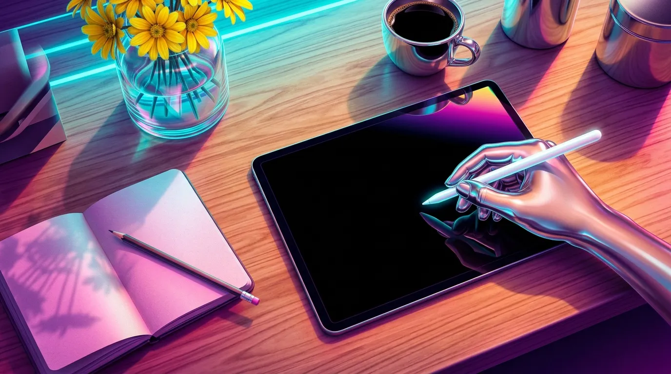 Main écrivant sur tablette avec carnet et café