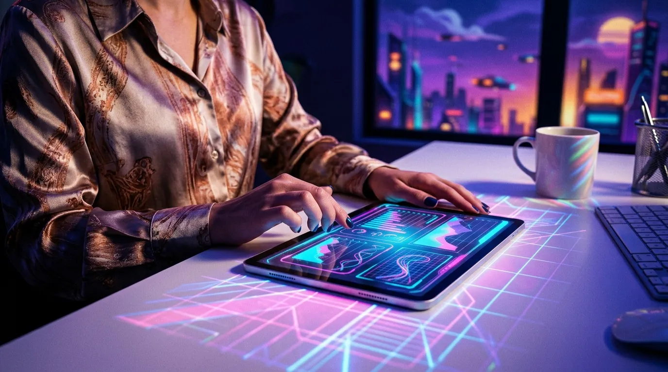Femme travaillant sur tablette avec interface futuriste