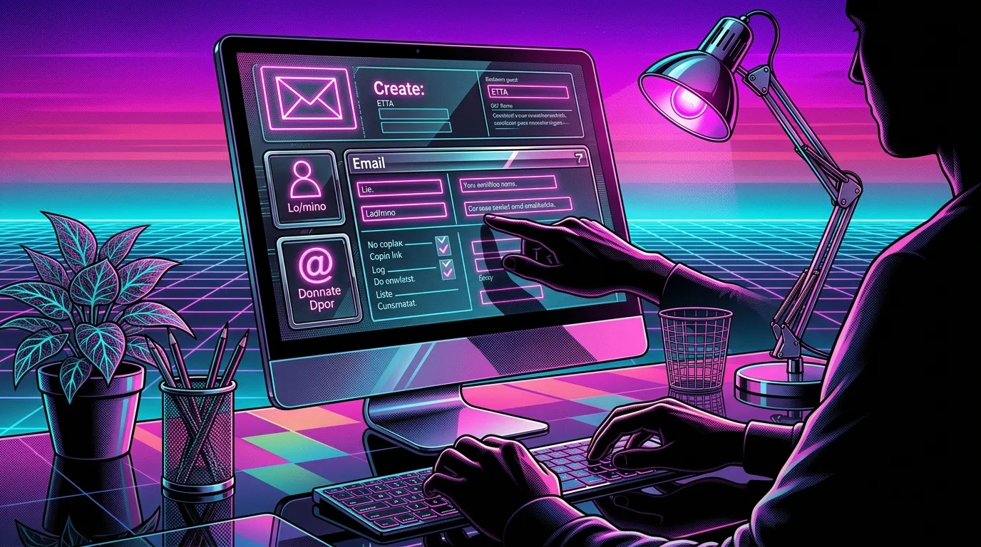 Personne cr&eacute;ant email sur &eacute;cran neon cyberpunk