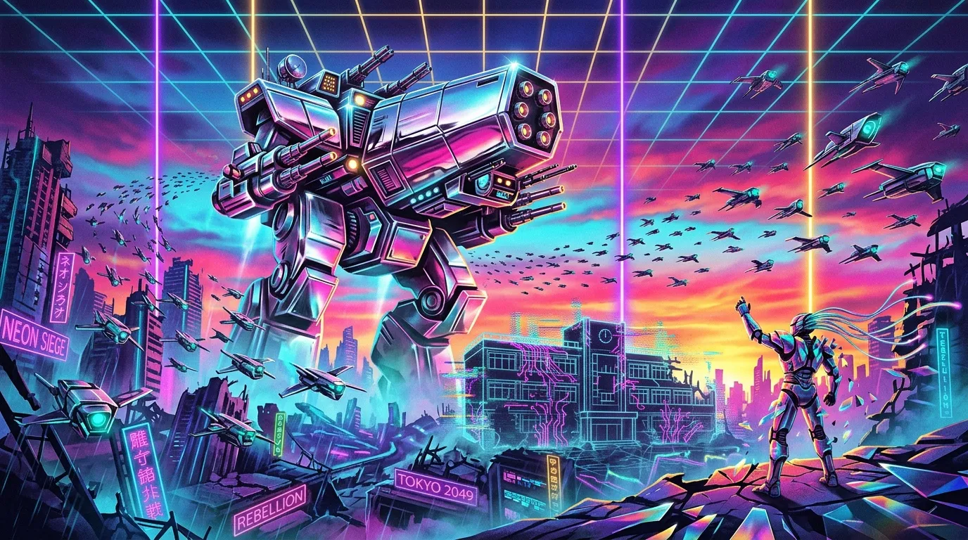 Robot g&eacute;ant n&eacute;on attaque ville futuriste cyberpunk