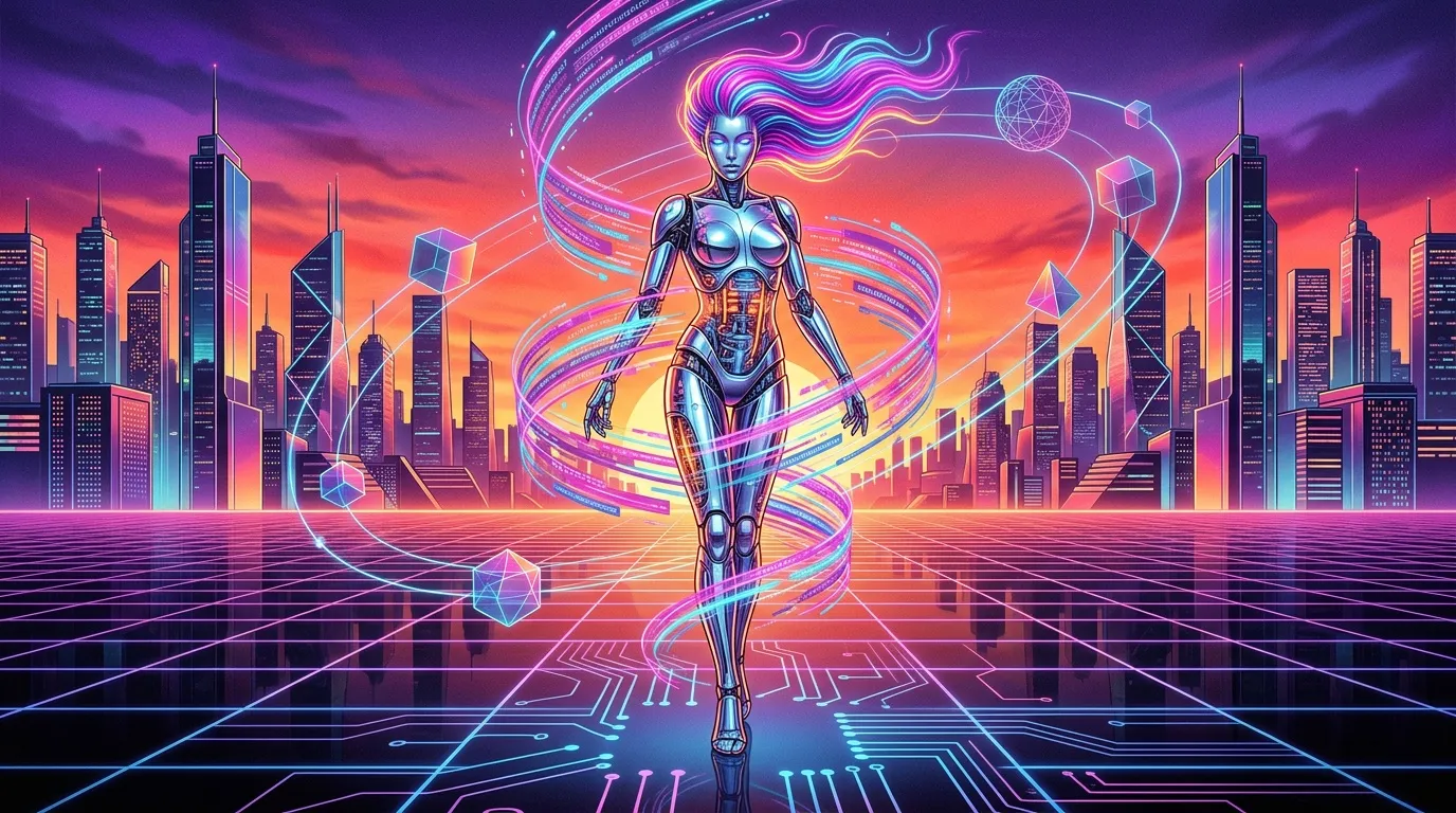Andro&iuml;de f&eacute;minin luminescent dans ville cyberpunk